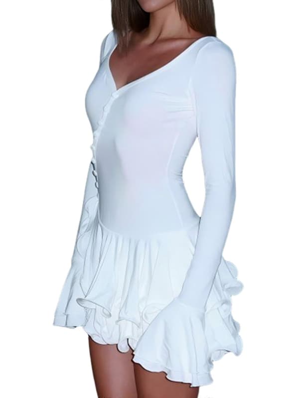 Dam Långärmade Klänningar Djup V-ringning Utsvängd Volangklänning Bodycon Party Miniklänningar Vit One Size Whit White One size