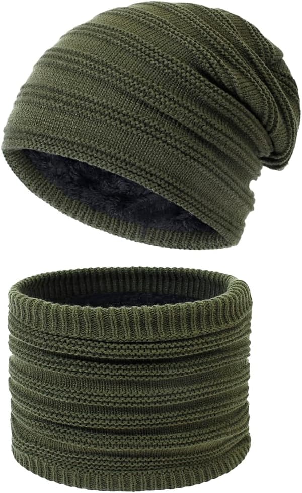 Dam Vintermössa Halsduk Set Kabelstickad Mössa Varm Fleecefodrad Vintermössa med Halsvärma Army Green