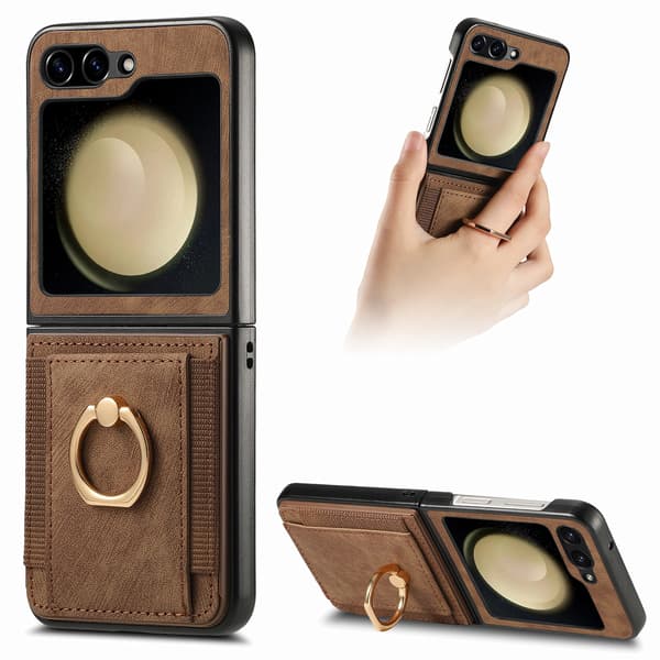 Retro enfärgat PU-kortfacksringfodral för Samsung Galaxy Z Flip 7 black
