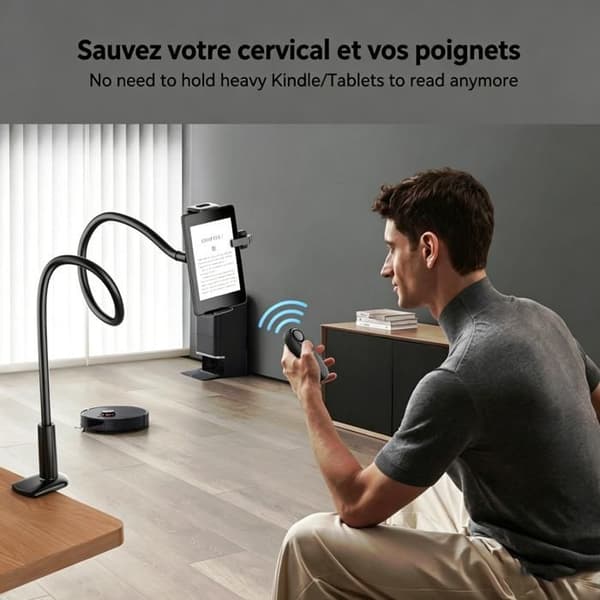 Kindle-stativ med fjernkontroll for sidevending (Kindle Paperwhite, Oasis, iPad, iPhone, osv.) – Håndfri lesing i sengen