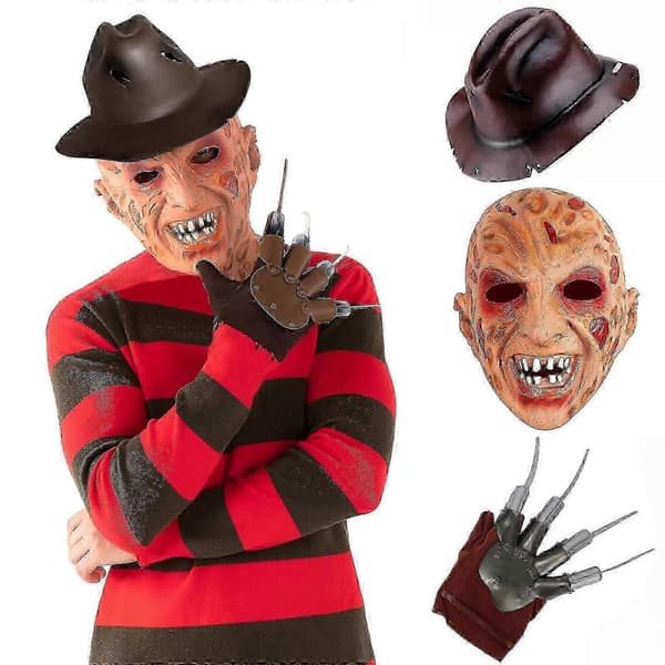 Freddy Krueger -lateksimaski ja -käsinesetti Halloween-asusteeksi set L
