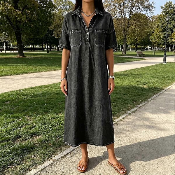 Lang denimkjole – Vasket & Behagelig – til kvinder sommer – Knapper foran & A-linje Lyseblå Light Blue S
