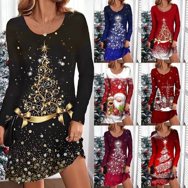 Julekjole for kvinner, Julekjole, Trykt Langermet Rund Hals Litt Elastisk Kjole - Blå - Størrelse L Blå Blue L