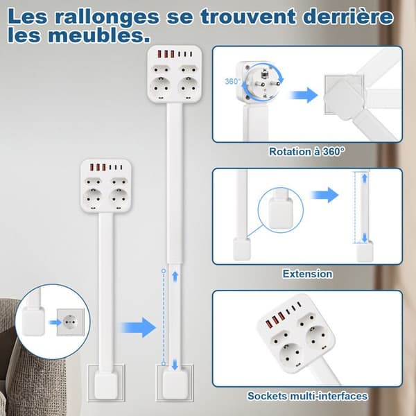 Strømskinne med 4 uttak, 3 USB-A og 3 USB-C, 45-65 cm uttrekkbar kabel, 360° rotasjon