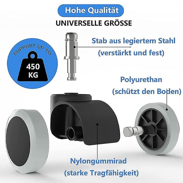 [zd]Erstatningshjul til kontorstoler for harde gulv - 5-pakning - 11 mm / 22 mm - For gamingstoler, svingstoler, Pr
