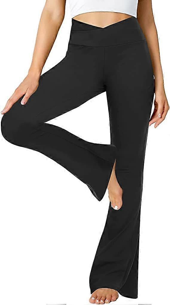 Svarta utsvängda yogabyxor för kvinnor, Crossover smörmjuka bootcut-leggings