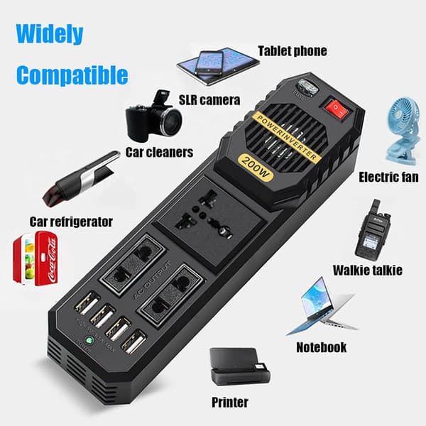 200W Inverter Bilkonverter DC 12V til AC 220V med 2 Stikdåser 4 USB-porte Cigarettænderadapter