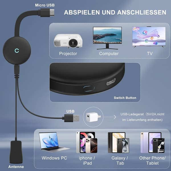 [zd]Trådløs HDMI-adapter, TV-dongle, 4K Full HD Miracast videostreaming fra Android, Windows, Mac OS, bærbar computer, telefon, tablet