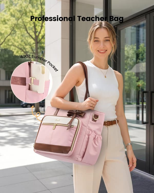 LOVEVOOK Lærertaske til kvinder, arbejdscomputertaske, computermappe Pink-beige-brun Pink-beige-brown 15.6 in