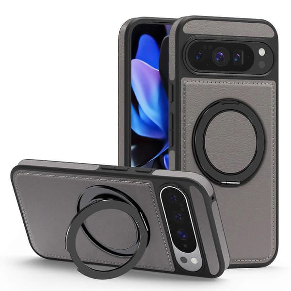 Compatible with Google Pixel 10 Pro XL Case with Ring Stand Compatible with MagSafe PU Leather Back Grey Grey Grey