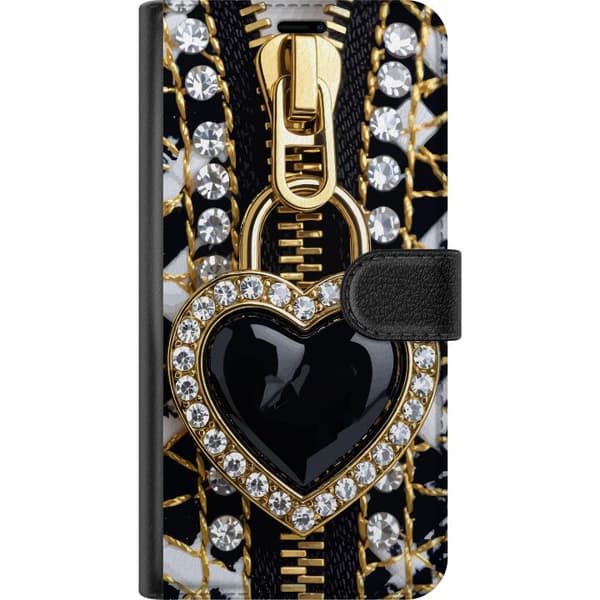 Kompatibelt lommebokfutteral til Samsung Galaxy A34 Nærbilde av glansfullt hjerte med gullfarge og detaljerte steiner i eksklusivt design gull gold glitter