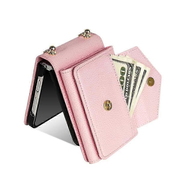 Compatible with Samsung Galaxy Z Flip7 5G Case Card Slots PU + PC Phone Case with Long Strap Pink