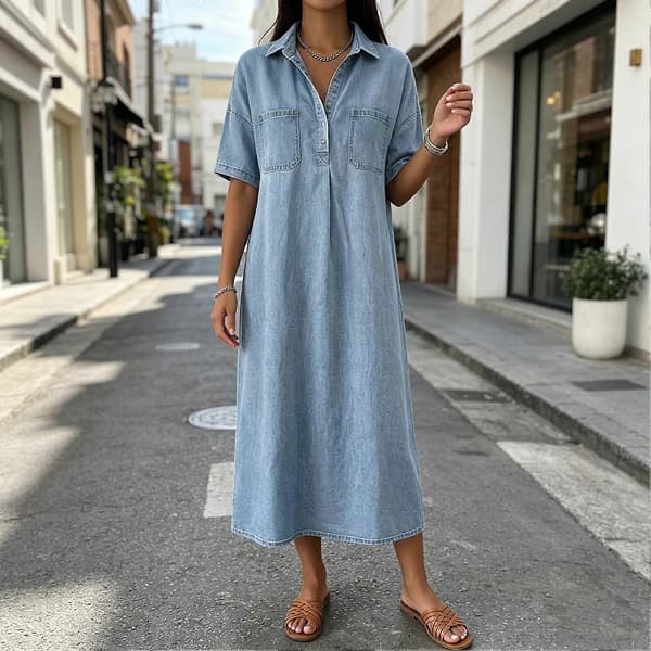 Lang denimkjole – Vasket & Behagelig – til kvinder sommer – Knapper foran & A-linje Hvid White S