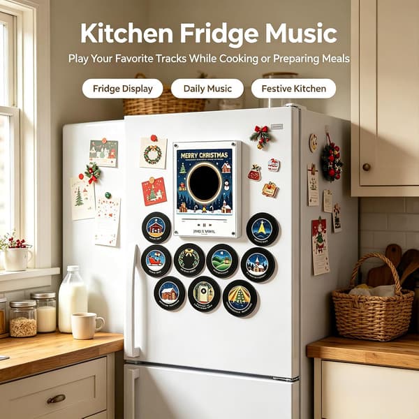 Christmas Vinyl Player Fridge Magnet with 9 NFC Discs, LED Light, Retro Music Decor MERRY CHRISTMAS