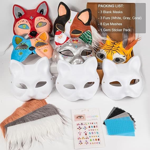 Cat and Fox Mask DIY Mask Cat Mask with Fur, Eye Net and Gemstone Stickers Halloween Set 2
