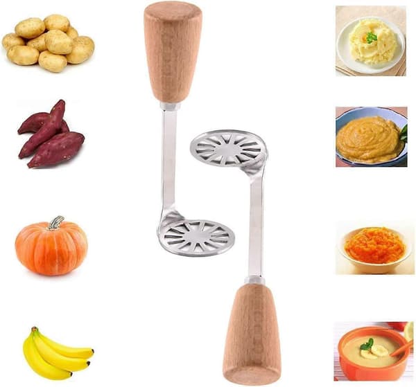 2 stk Små Potetstapper Multifunksjonell Rustfri Stapper for Mosing av Babymat & Grønnsaker med Trehåndtak Matlaging