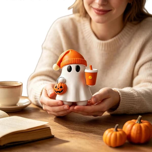 Autumn Ghost Gift Knitted Hat Pumpkin Spice Coffee Cup Spooky Statue Halloween Home Decor