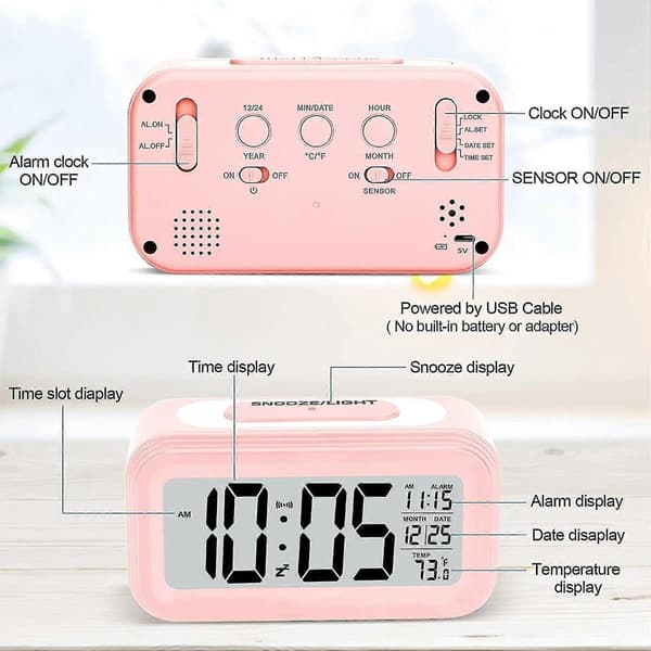 Digitalt Vækkeur Til Soveværelser Med USB-Oplader, Vækkeure, Pink