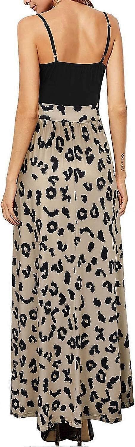Sommarklänning för kvinnor, lång maxiklänning, sommar V-ringad klänning, slits, eleganta spaghettiband, avslappnad klänning för bröllopsgäster[zd] XL Leopard 01
