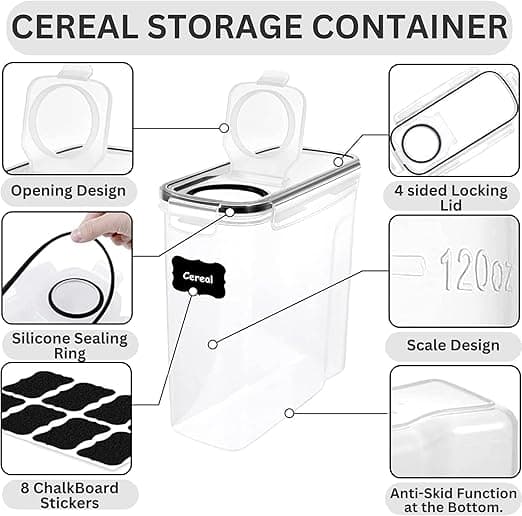 4L Cereal Storage Containers - Airtight Flip Top Lids, BPA Free, Clear Plastic with Labels
