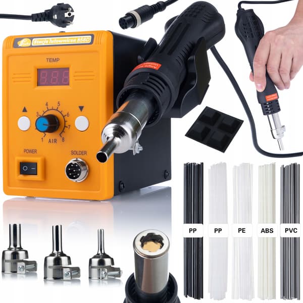 Loddeboltestasjon Varmluft 858D + 3 Dyser + Plast Sveisesett – 700W | 100-500°C | 5 Plasttyper