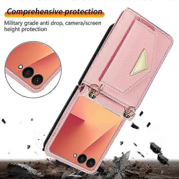 Compatible with Samsung Galaxy Z Flip7 5G Case Card Slots PU + PC Phone Case with Long Strap Pink