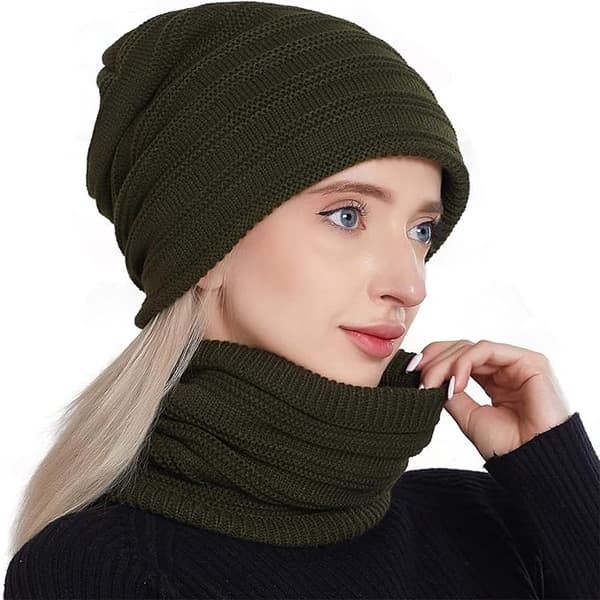Dam Vintermössa Halsduk Set Kabelstickad Mössa Varm Fleecefodrad Vintermössa med Halsvärma Army Green