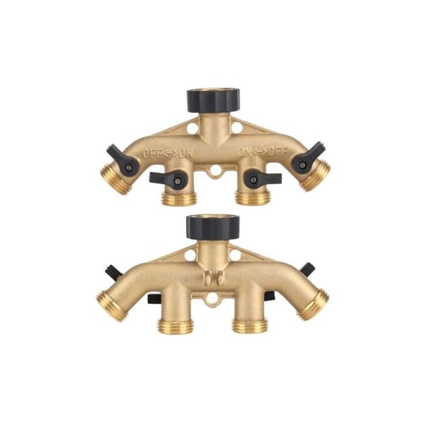 Solid messing 4-veis slangesplitter med stengeventiler, kran og 1,9 cm uttak. Kan bruke opptil 4 slanger samtidig.