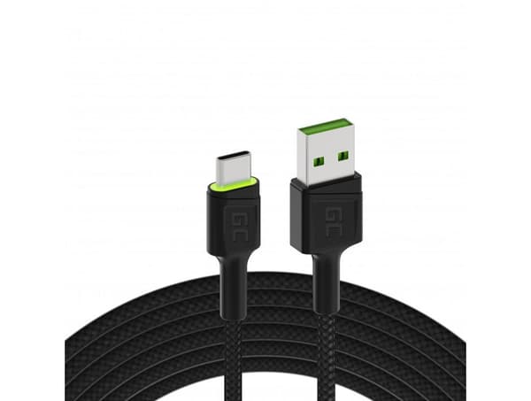 [zd]Green Cell Cable Ray USB-kaapeli, USB-A - USB-C, 1,2 m, LED-taustavalo, QC 3.0 Sort