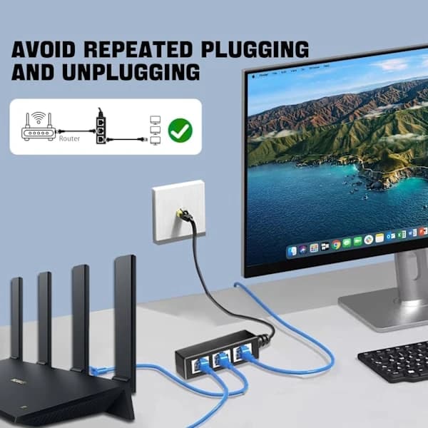 [zd]Ethernet Splitter RJ45 LAN-kabelstik 1 til 3 netværksadapter internetudgangsforlænger til Super Cat5, Cat5e, Cat6, Cat7, Cat8-kabel