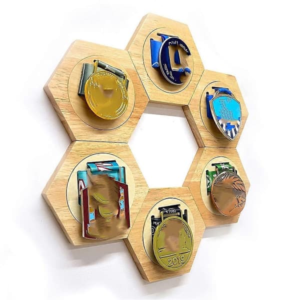 Enkel Medaljhållare i Trä Hexagonal Väggmedaljhållare Dekorativ Väggmontering Sovrum och Vardagsrum Med