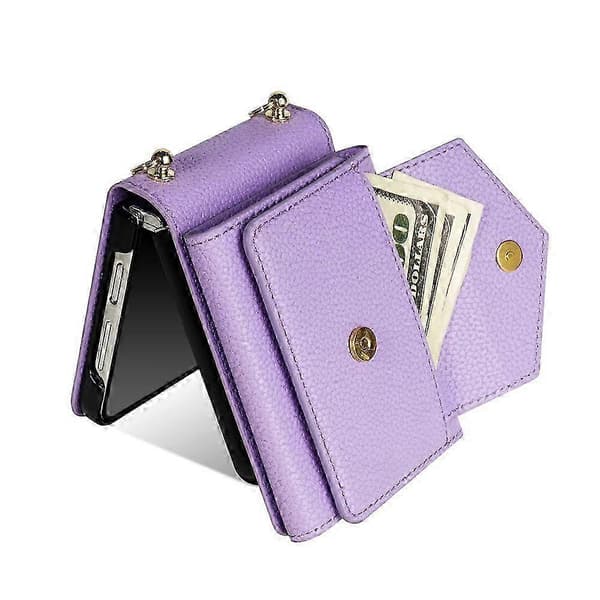 Compatible with Samsung Galaxy Z Flip7 5G Case Card Slots PU + PC Phone Case with Long Strap Purple