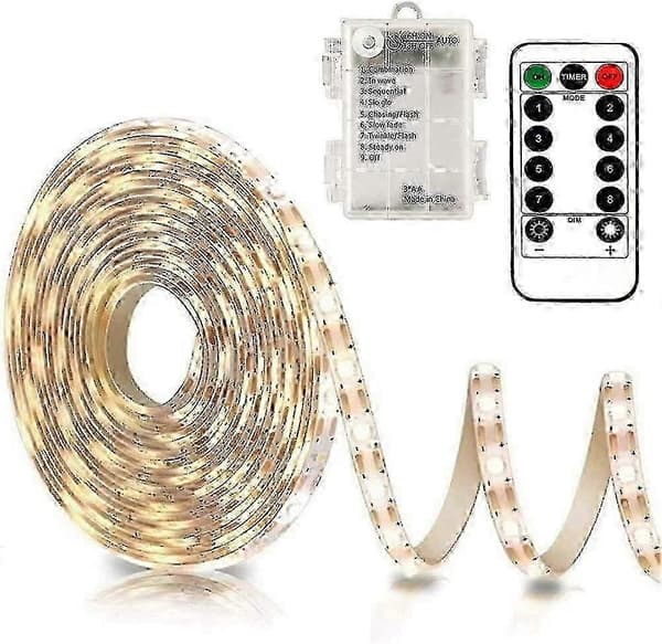 3m Batteri LED Strip Lys med Fjernkontroll, 90 LED Lysstripe Vanntett, 8 Moduser, Dimbar, Timer, Selvklebende, Kuttbar (Varm Hvit) - KM