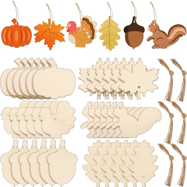 Ubehandlede trægræskar-ansigtsdekorationer 60 stk. med snor, DIY Halloween-guirlande-håndværkssæt til efterårsfest og efterårsdekoration Pumpkin