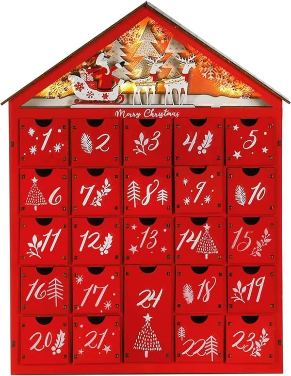 Stor genanvendelig julekalender i træ med lys og 25 skuffer 1200