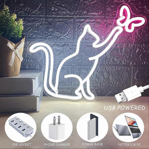 Katt Neonskylt USB-driven dimbar strömbrytare Fjäril LED Neonljus Väggdekor för sovrum Födelsedag Barn Flickpresent