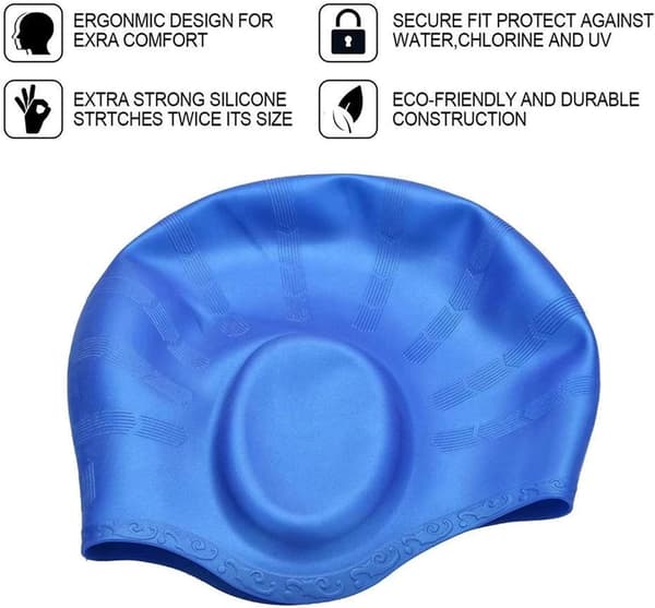 2-pakning svømmehette, dekker ørene, svømmehette badehette silikon vanntett, med ørebeskyttelse for unisex voksne kvinner menn Blue+white