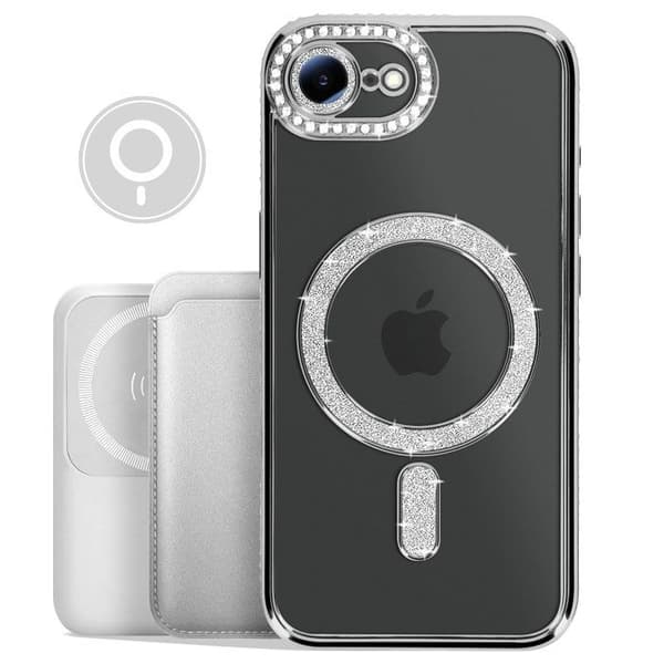 Magsafe-kuori - Timantti - iPhone 16e - Hopea-strass - Kestävä - Läpinäkyvä Grå