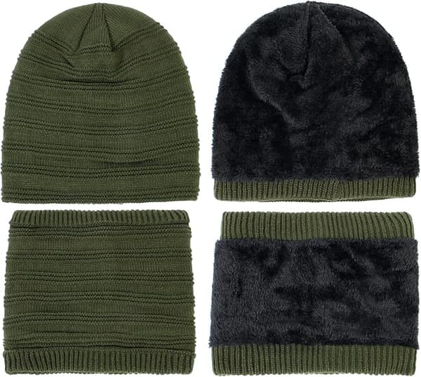 Dam Vintermössa Halsduk Set Kabelstickad Mössa Varm Fleecefodrad Vintermössa med Halsvärma Army Green