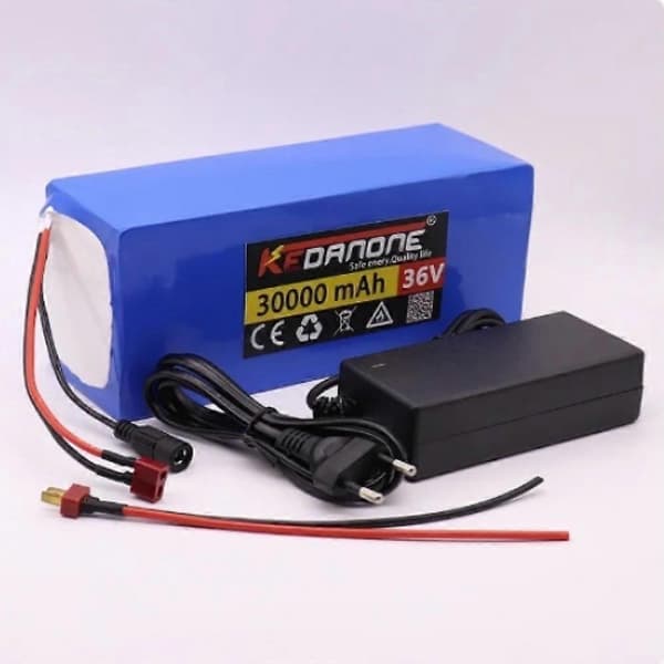 Li-ion batteripakke 36V 30Ah 10S4P BMS elektrisk sykkel T-plugg + 42V 2A lader