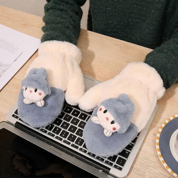 Vinterkaninplyschhandskar Fluffiga tecknade dockhandskar med snöre Helhandsvantar Vinterfodrade vantar för utomhusbruk 8 8