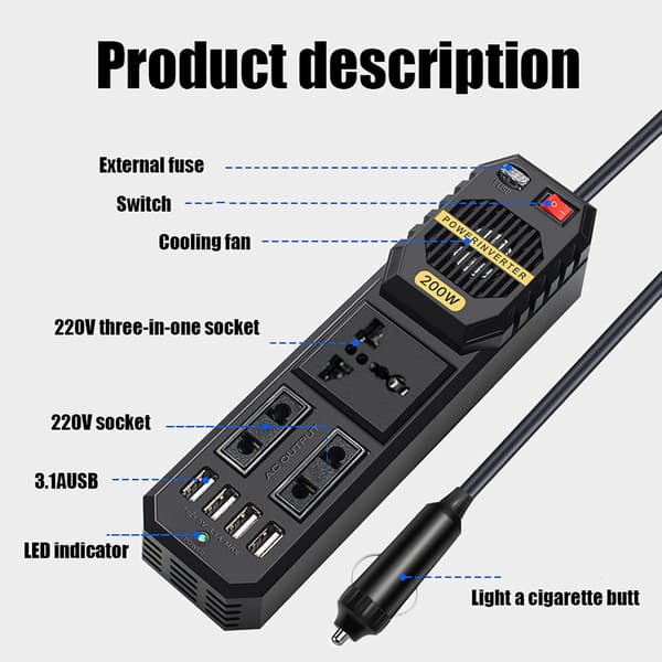200W Inverter Bilomformer DC 12V til AC 220V med 2 ladeuttak 4 USB-porter sigarettenneradapter