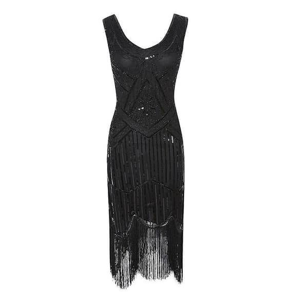 Pailletkjole i 20'er-stil, rund hals, retro festdragt til kvinder Sort Black S