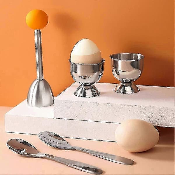 Egg Topper Sett Myke Hardkokte Egg Separator Verktøy 2 Eggekopper, 2 Metallskjeer og 1 Mykkokt Eggkutter Silver