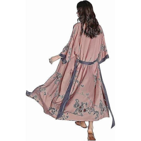 Lang kimono i silke til kvinder, blomstret, silkeblød satin, let, blød og behagelig morgenkåbe til damer, rosa TA