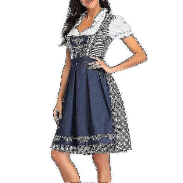 Tysk Oktoberfest Dirndl-kjole med forklæde til kvinder Cosplay-kostume A 2025 Grå Blå Gray  Blue S