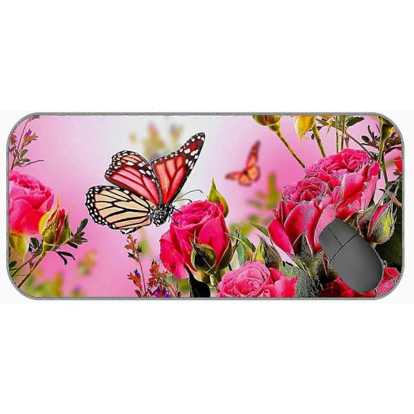 (750x300x3) Stor utvidet gaming musematte, rosa rose kunst sommerfugl musematte, med[zd]