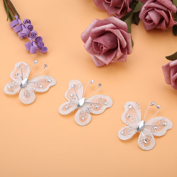 24 stk. Sheer Mesh Wire Glitter Sommerfugl Bryllupsfest Klær Dekorasjon DIY Tilbehør Hvit