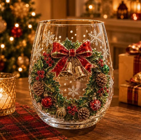 Julevinglas, festlige vinglas med stilk, drinks til julefrokost *krans* wreath