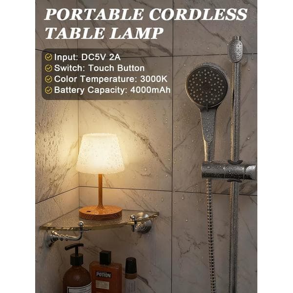 Wireless Shower Lamp Waterproof - 4000mAh Rechargeable IP54 Outdoor Table Lamp, Bathroom & Camping, Touch Dimming